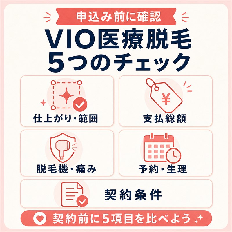 VIO医療脱毛の申込み前に、仕上がり・支払総額・脱毛機と痛み・予約と生理・契約条件を確認する図