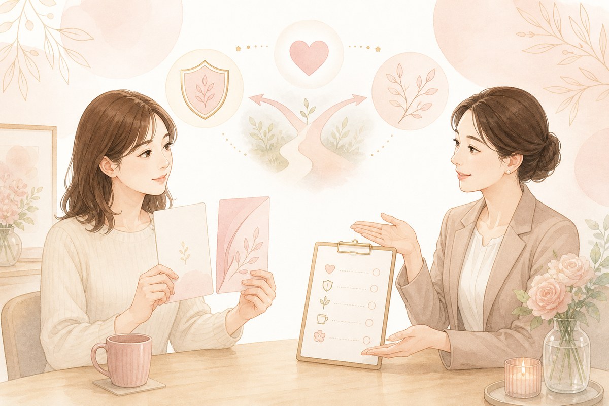 迷いがある女性がVIO脱毛の仕上がりをカウンセラーへ相談するイメージ