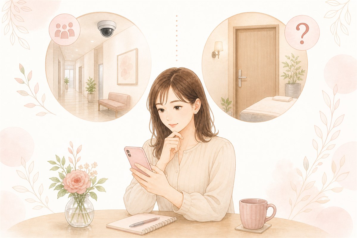 共用部の監視カメラと個室のプライバシー情報を調べる女性のイラスト