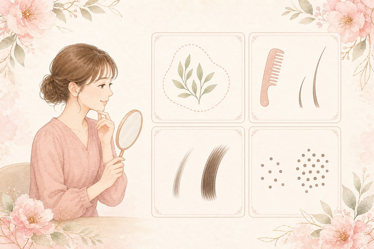 陰毛の濃さを生える範囲・長さ・太さ・毛量の4つに分けて考えることを示すイラスト