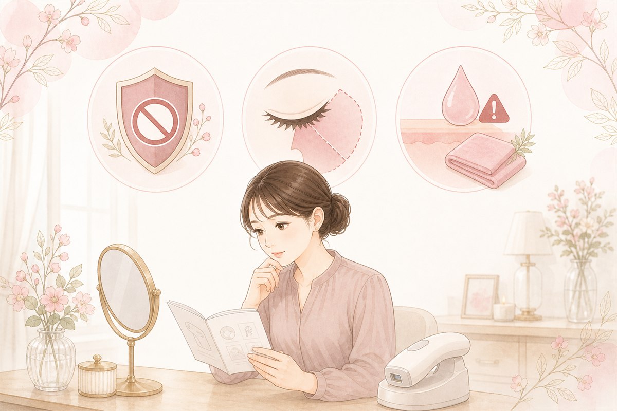 セルフ脱毛機器の禁止部位と肌への注意事項を確認する女性のイラスト