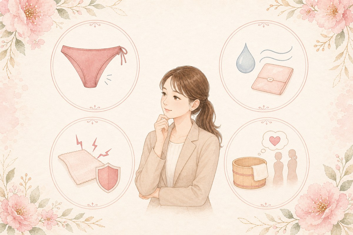 陰毛が濃い女性が感じやすい、はみ出し・蒸れ・チクチク・見た目への不安の4つを示すイラスト