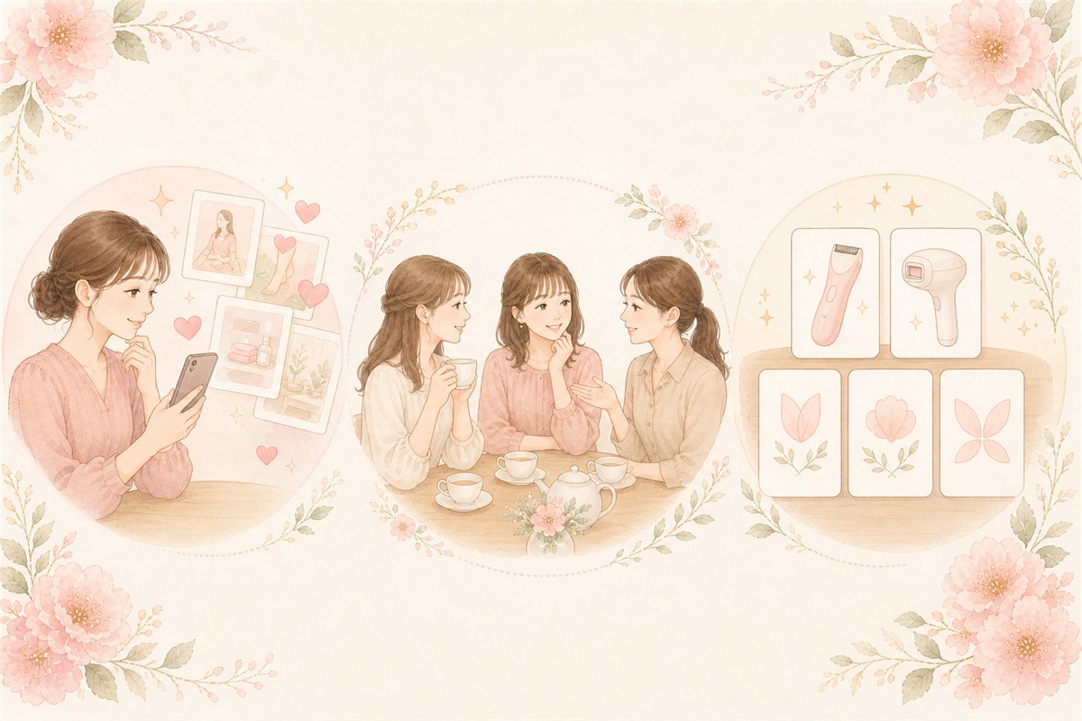 VIO脱毛を周りのみんながしているように感じる3つの背景を示すイラスト