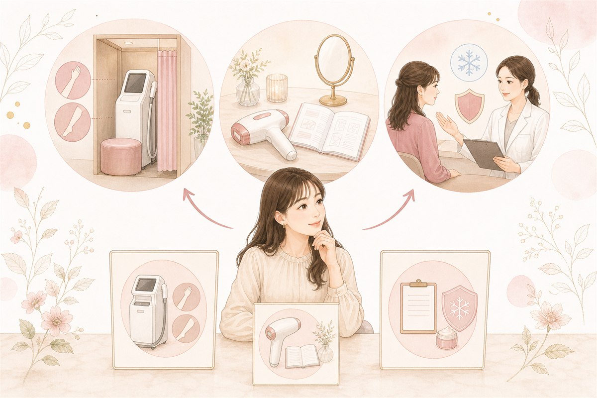 セルフ脱毛・家庭用光美容器・医療脱毛の違いを比較する女性のイラスト
