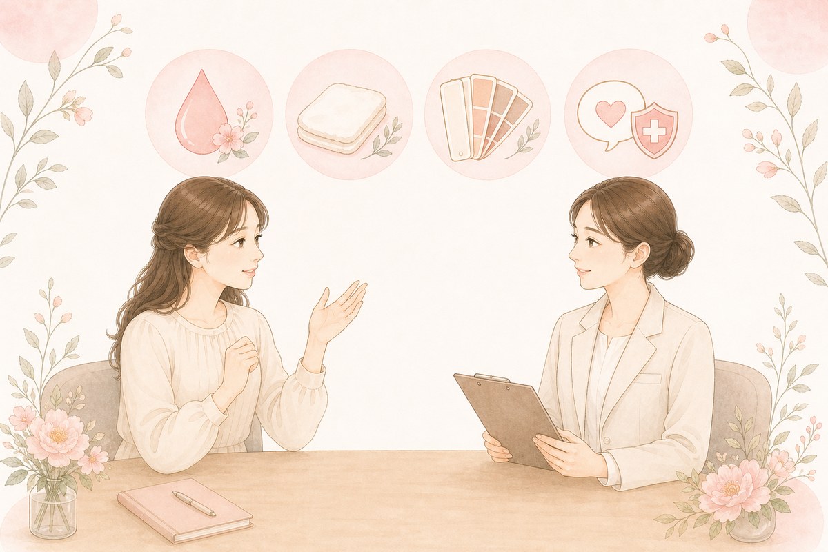VIO脱毛前のにおい・おりもの・黒ずみの不安を医師に相談する女性