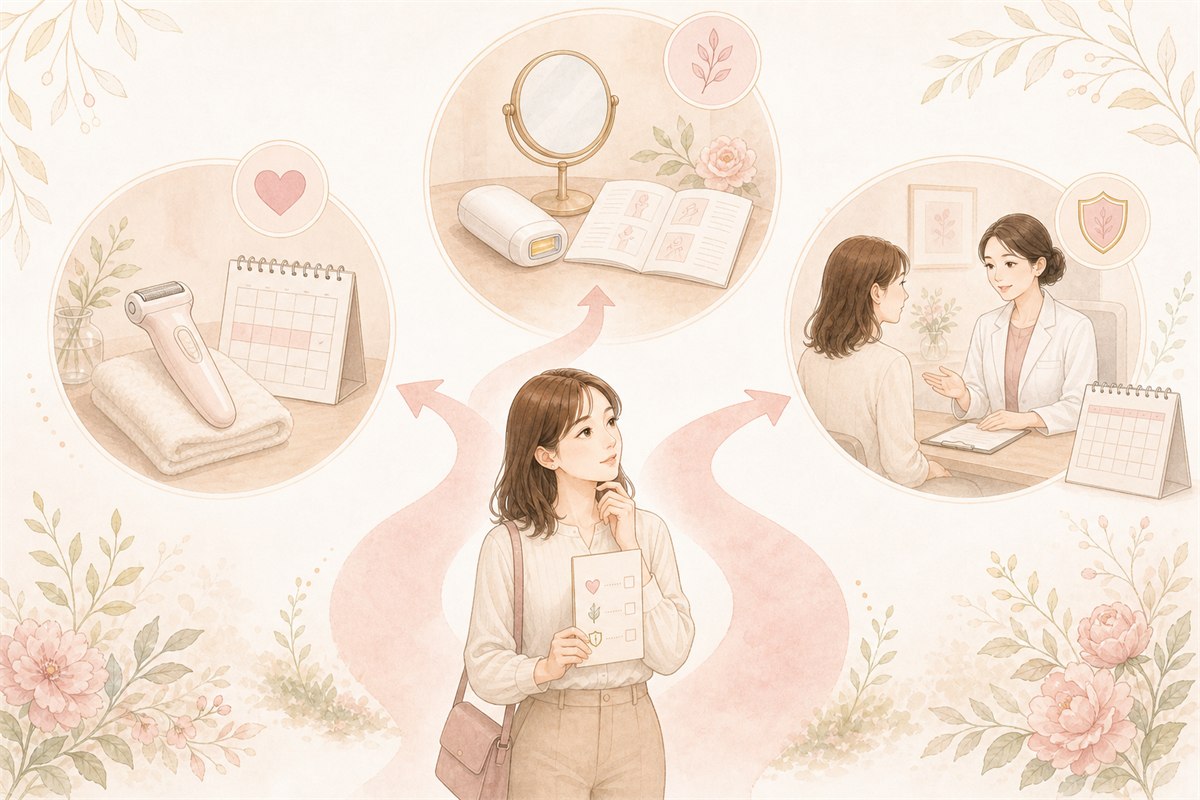 自己処理・家庭用機器・医療脱毛から目的に合う方法を選ぶ女性のイラスト