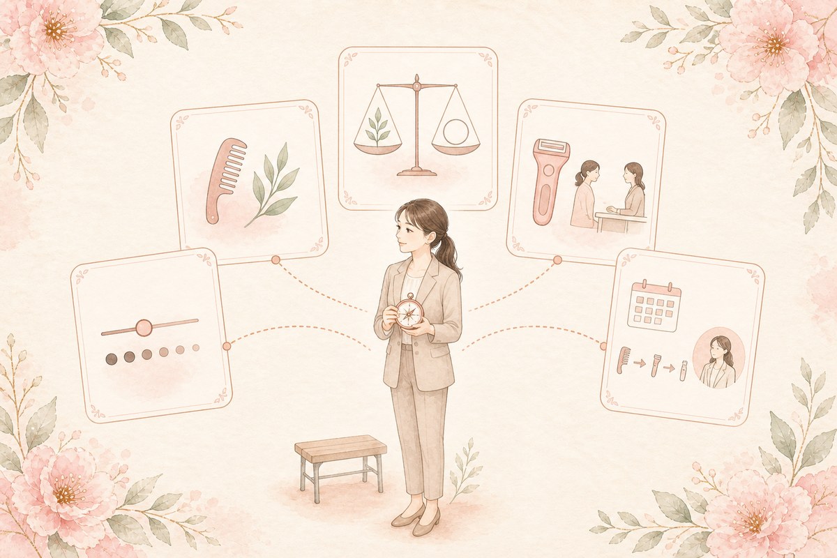 自然に整える、毛量を減らす、脱毛を比較するなど目的別に陰毛の整え方を選ぶイラスト