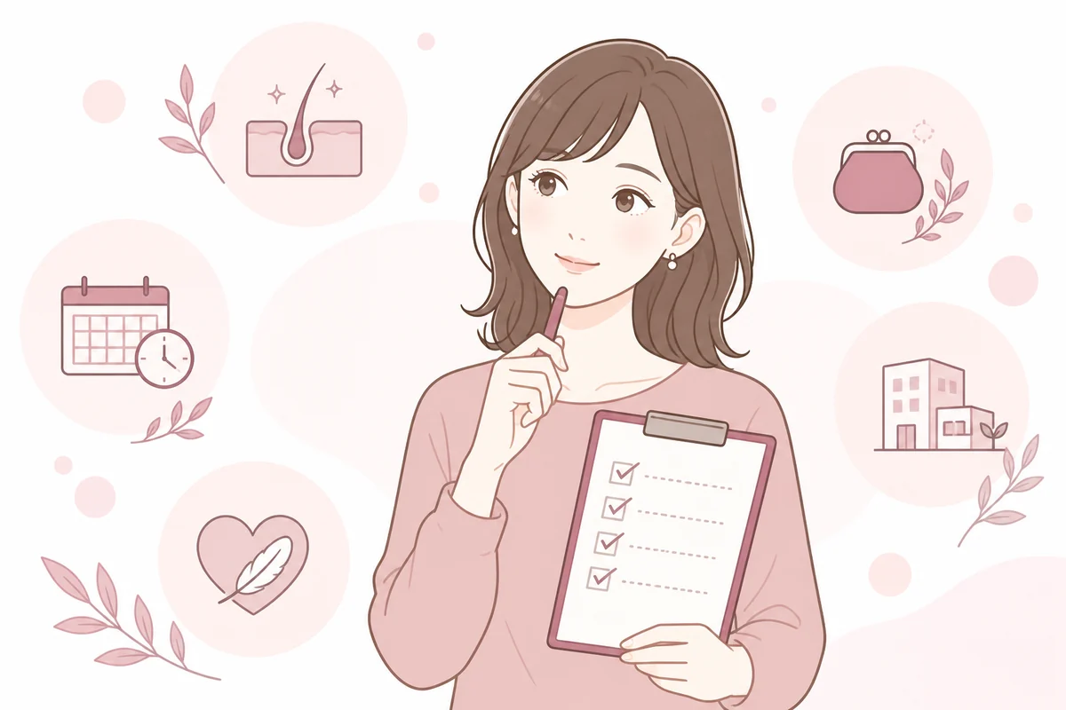 VIO脱毛の選び方をチェックリストで整理する女性のイラスト