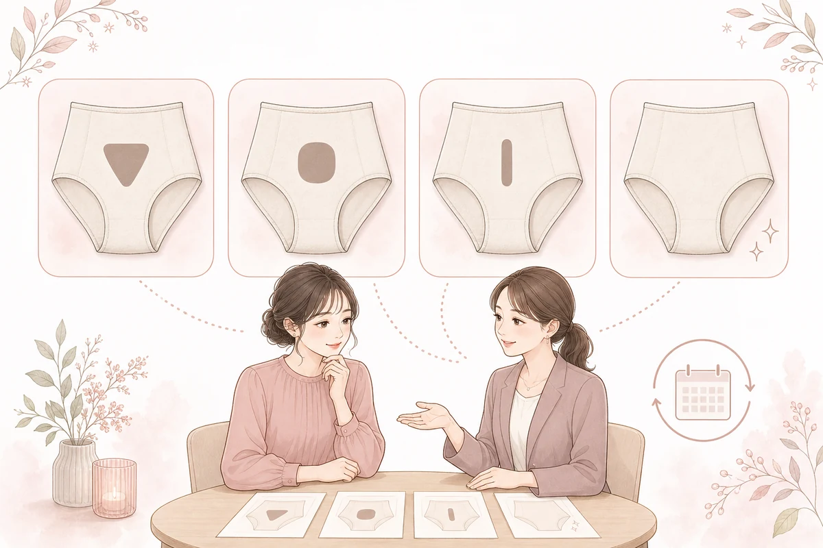 VIO脱毛で毛を残す形とハイジニーナのデザインを相談する女性のイラスト
