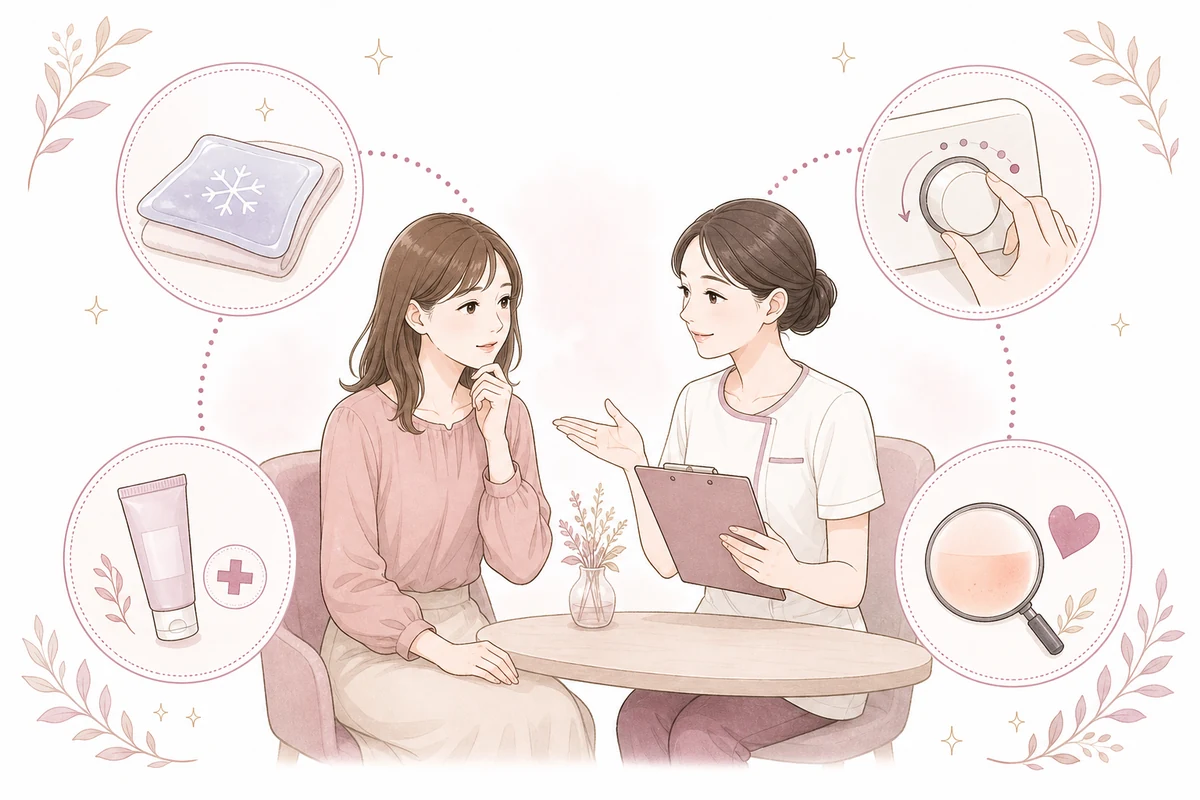 VIO脱毛の痛み対策をスタッフに相談する女性のイラスト