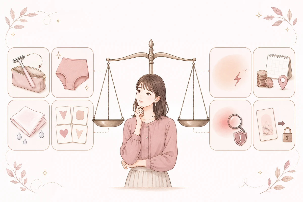 VIO脱毛のメリットとデメリットを天秤で比較する女性のイラスト