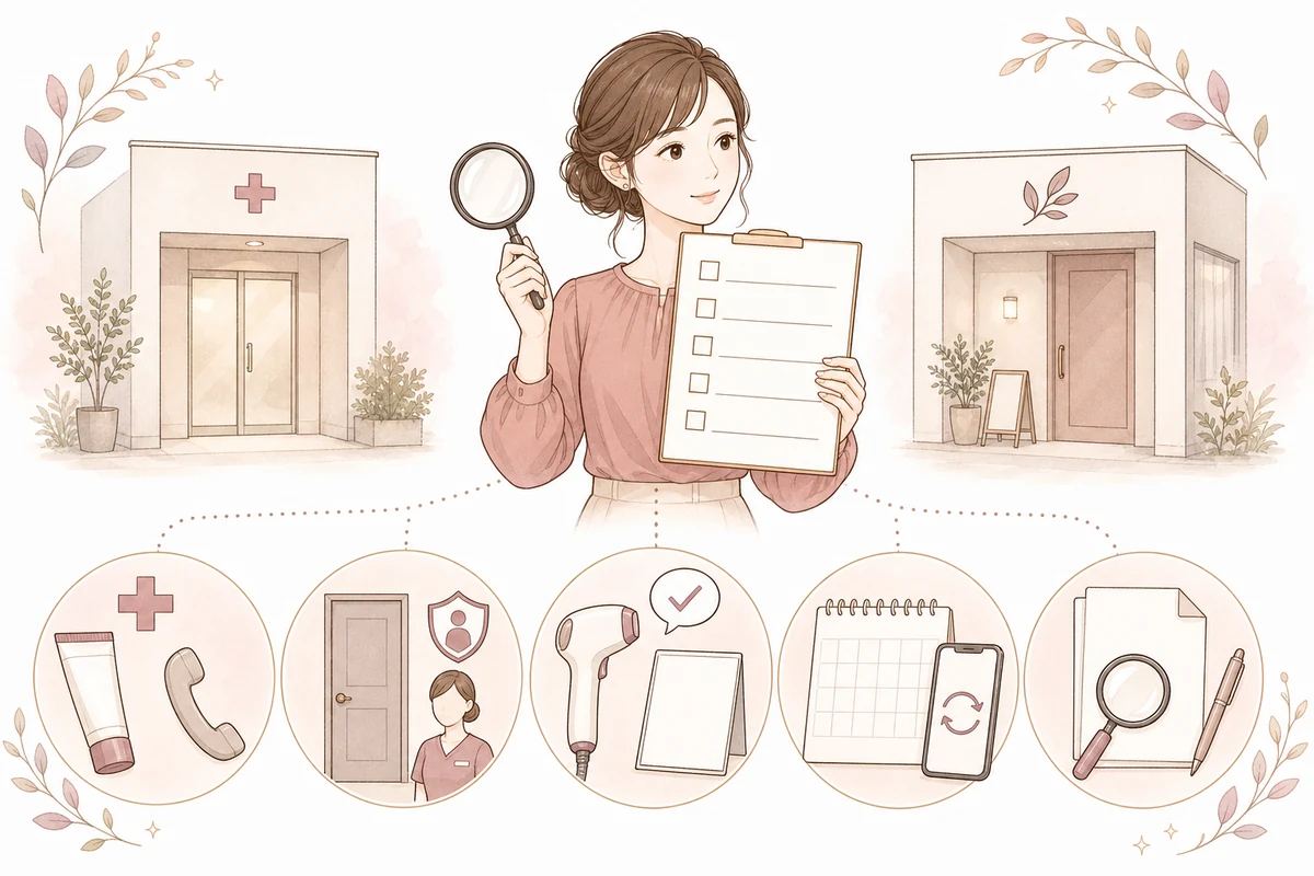 VIO脱毛のクリニックとサロンを5項目で比較する女性のイラスト