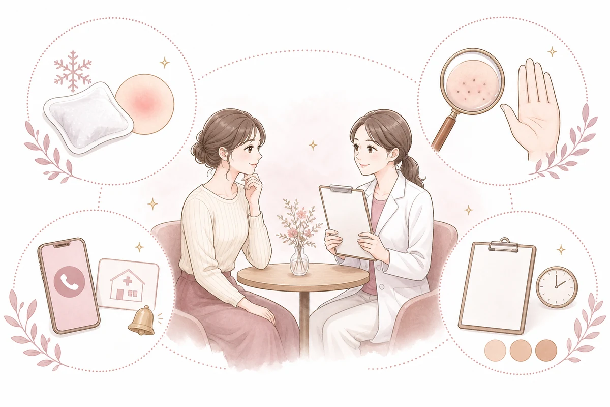 VIO脱毛後の肌トラブルへの対応を医療スタッフに相談する女性のイラスト