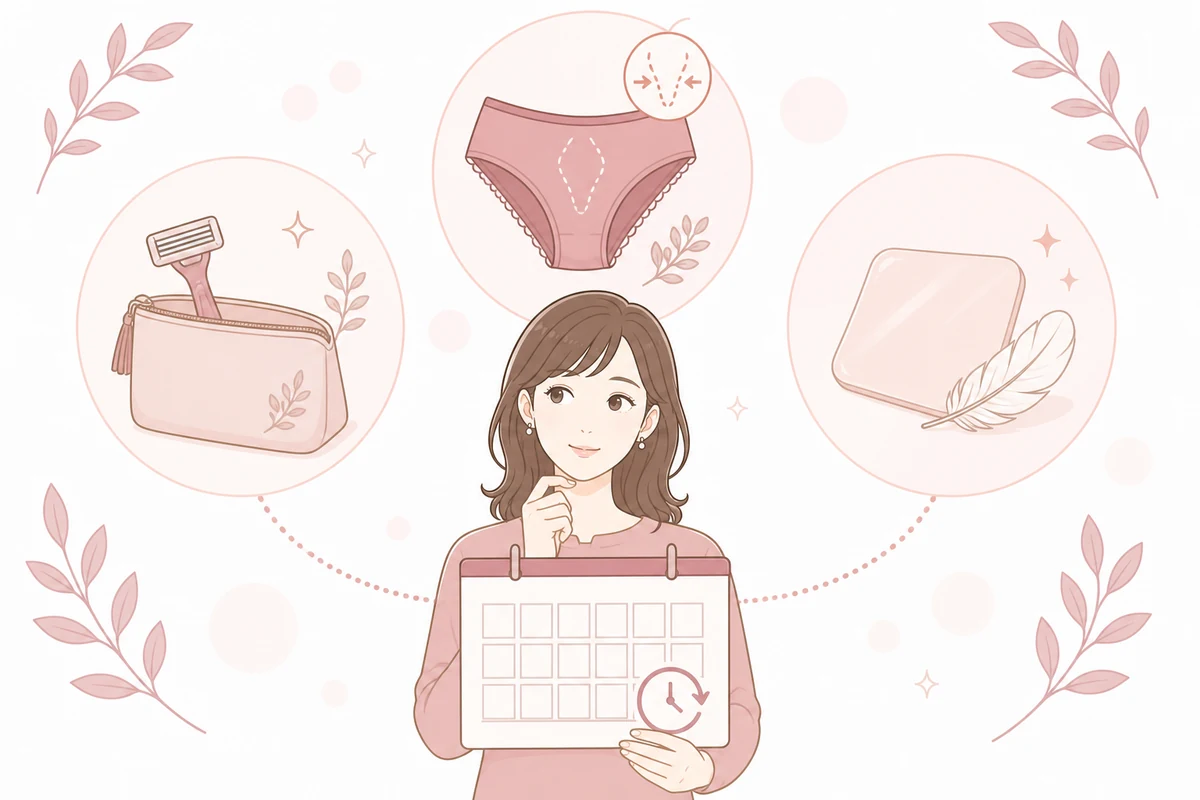VIO脱毛の仕上がりと回数・期間を考える女性のイラスト