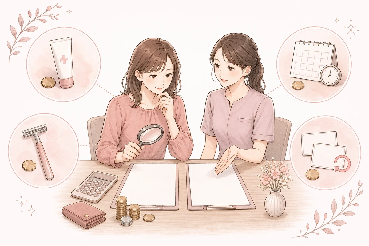VIO脱毛の料金と追加費用を見積書で比較する女性のイラスト
