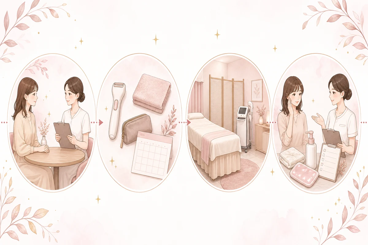 VIO脱毛のカウンセリングからアフターケアまでの4段階を示すイラスト