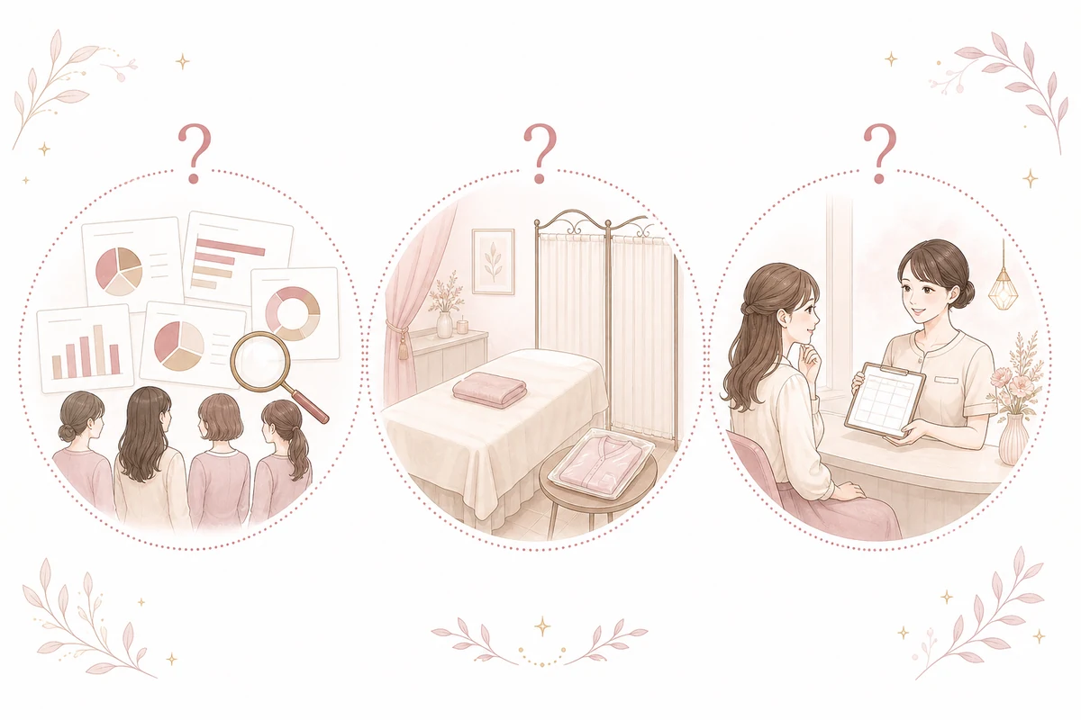 女性のVIO脱毛に関する3つのよくある質問を示すイラスト