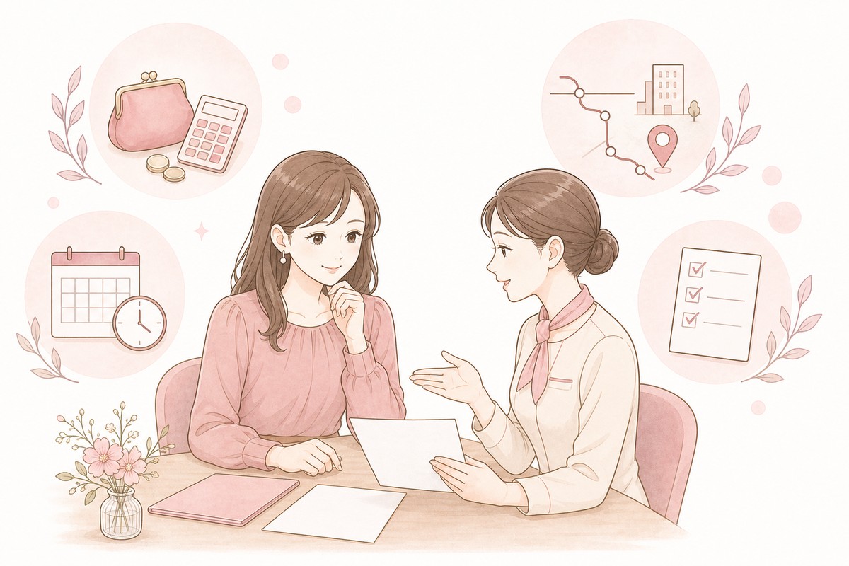 湘南美容クリニックのVIO脱毛を料金・通いやすさ・予約条件で比較検討する女性のイラスト