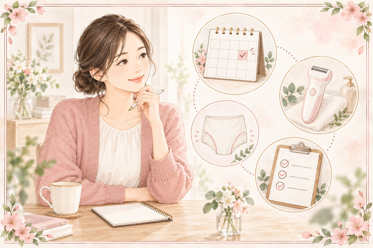 VIO脱毛の予約日と照射範囲、電気シェーバーを確認する女性のイラスト