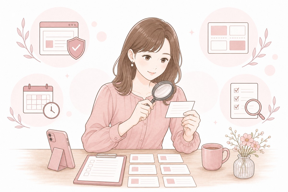湘南美容クリニックのVIO脱毛口コミを公式情報と照合して調査する女性のイラスト
