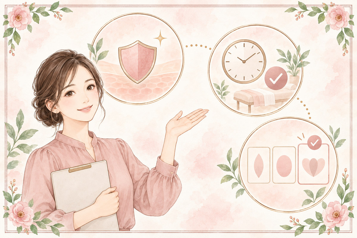 VIO脱毛前の自己処理が必要な3つの理由を確認する女性のイラスト
