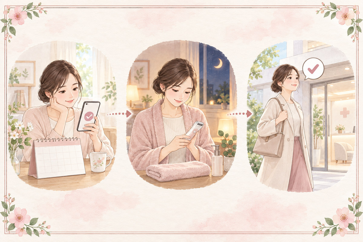 予約確認、前夜のシェービング、当日の来院までの流れを示すイラスト