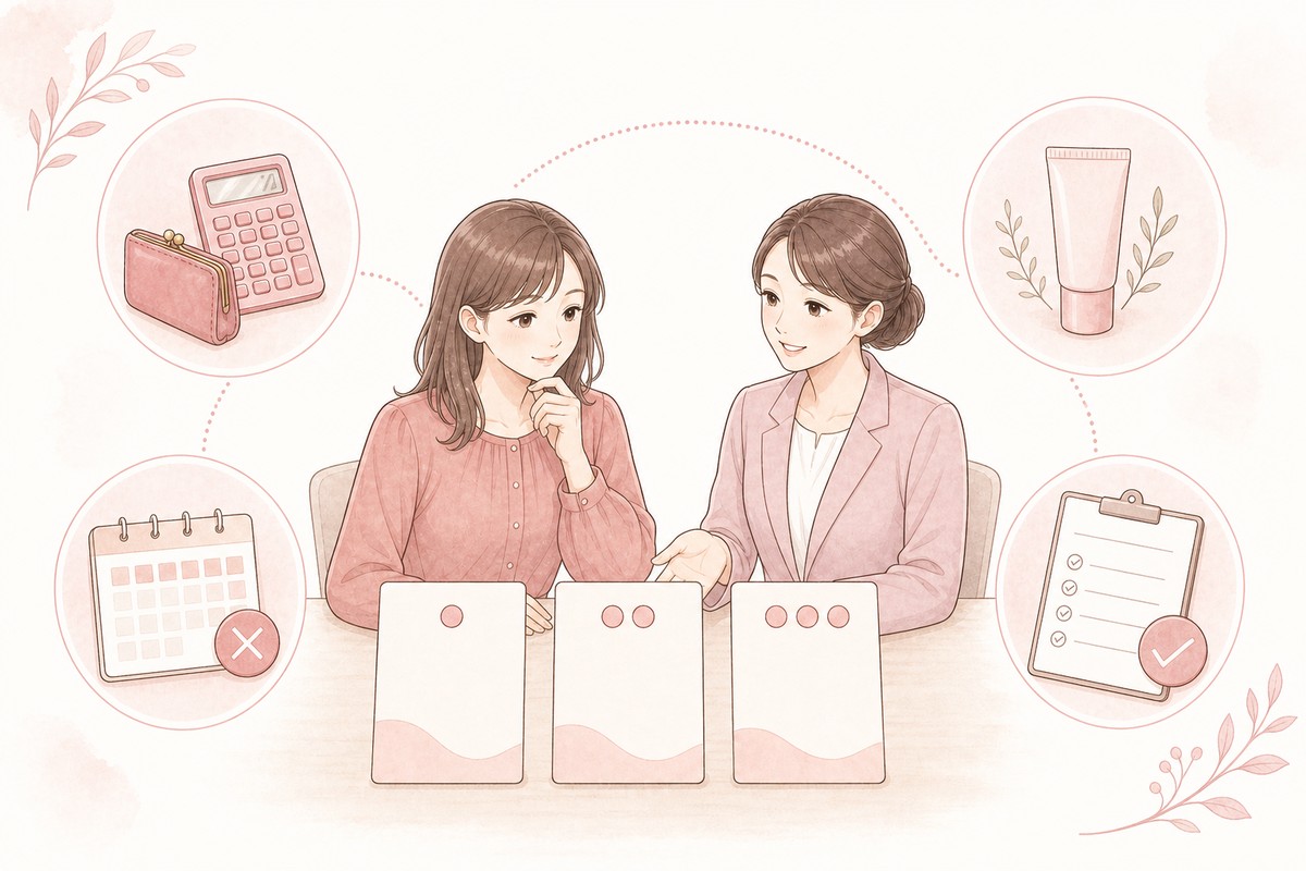 湘南美容クリニックのVIO脱毛料金を回数プランと追加費用で確認する女性のイラスト