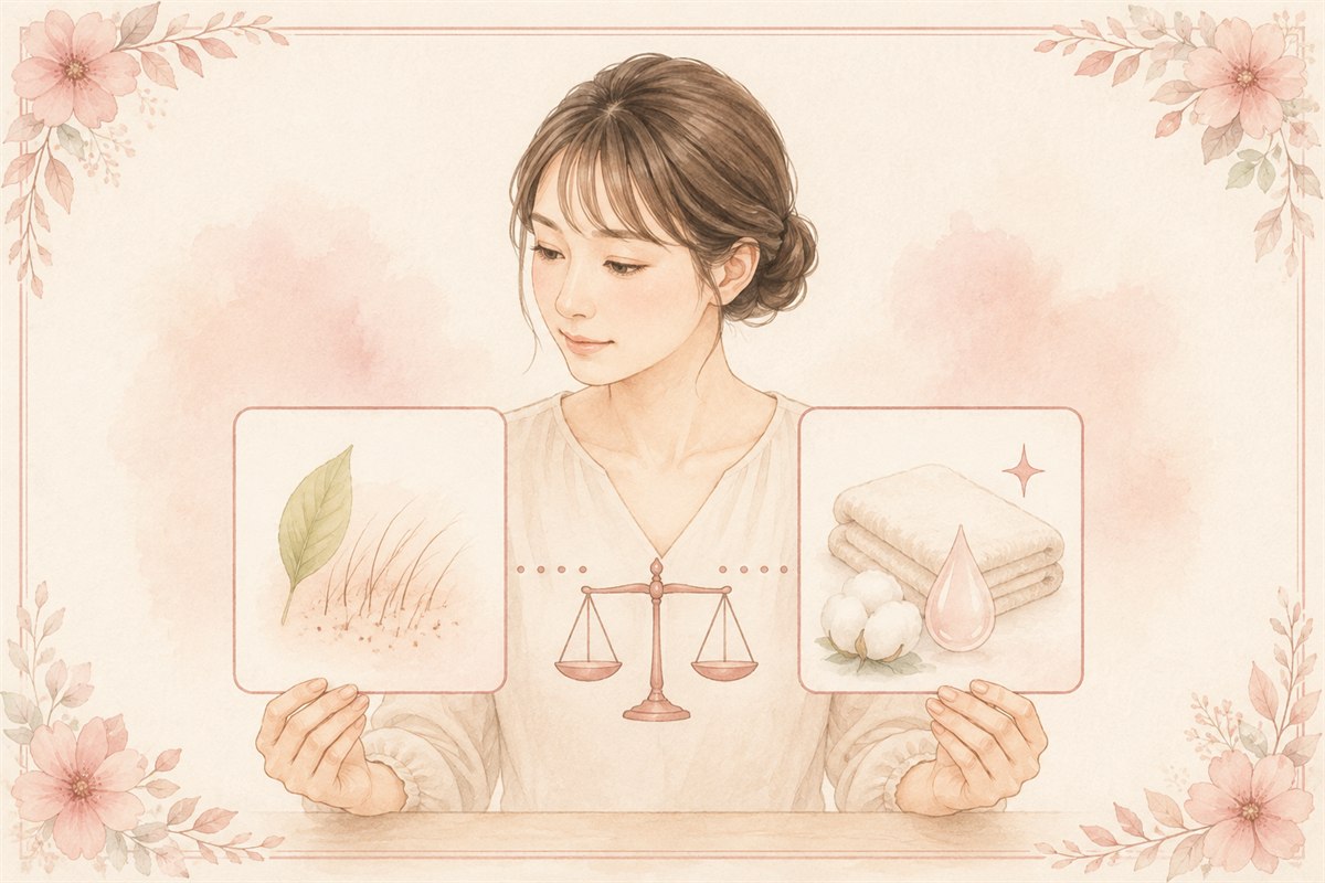 VIO脱毛の有無とデリケートゾーンの清潔さを分けて考える女性のイラスト