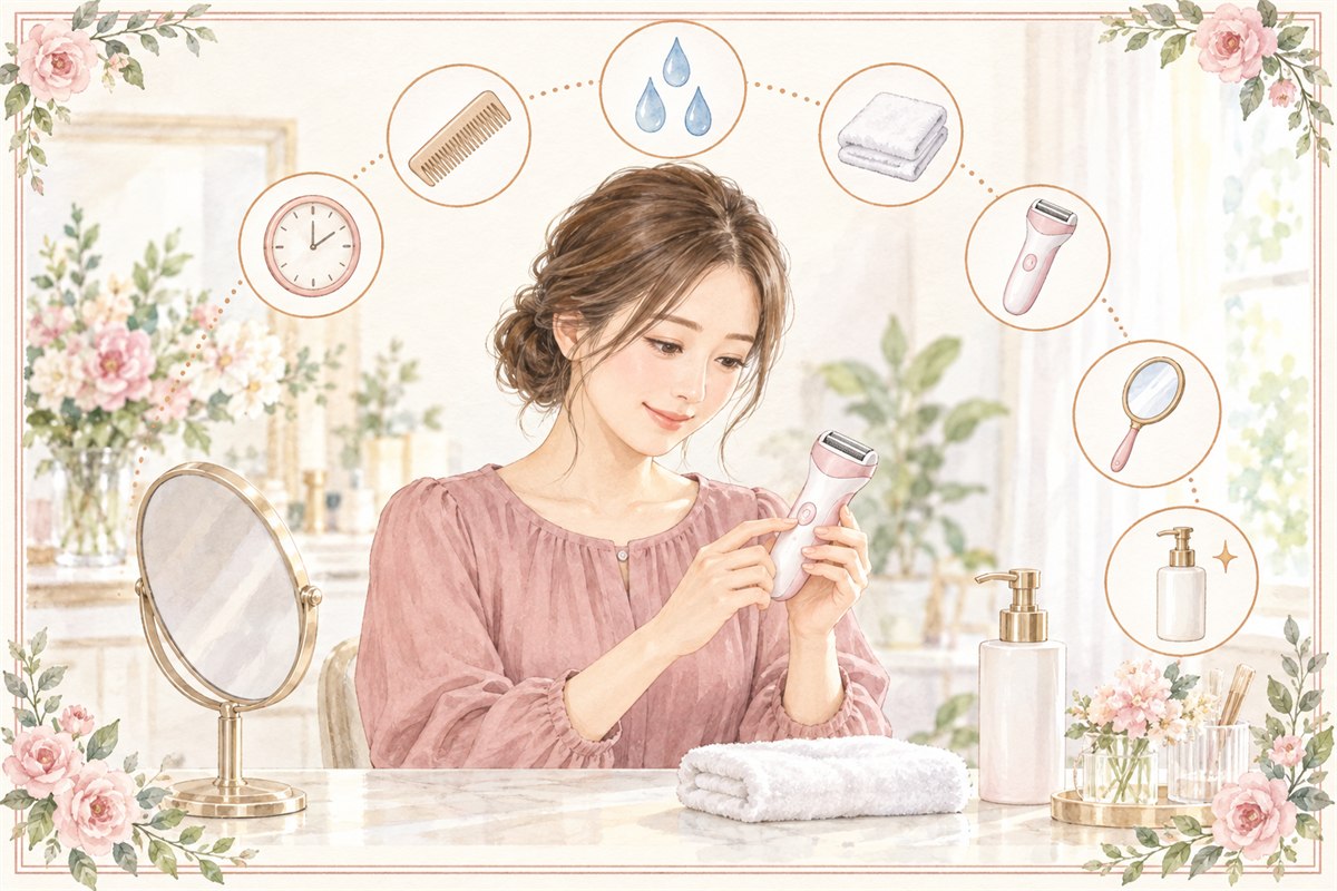 電気シェーバーや鏡を準備してVIO脱毛前の自己処理7ステップを確認する女性のイラスト