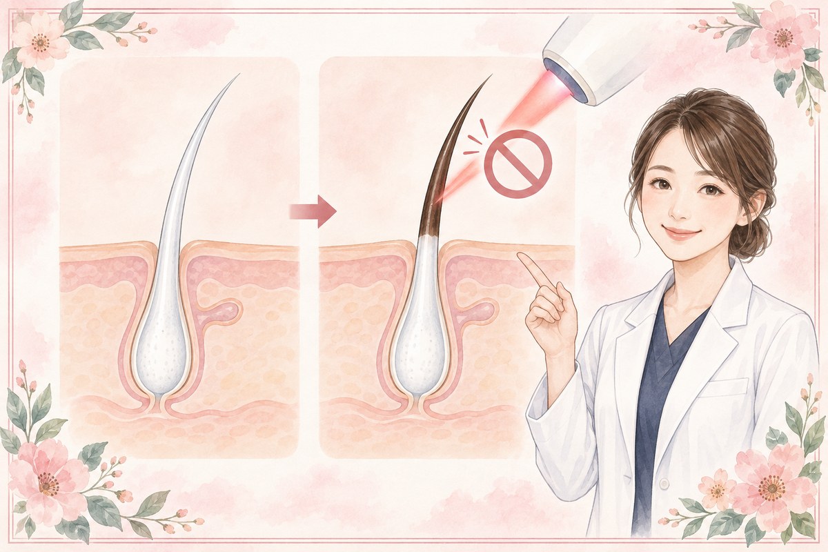 白髪の表面を染めてもレーザーが標的にする毛包内のメラニンは戻らない仕組み
