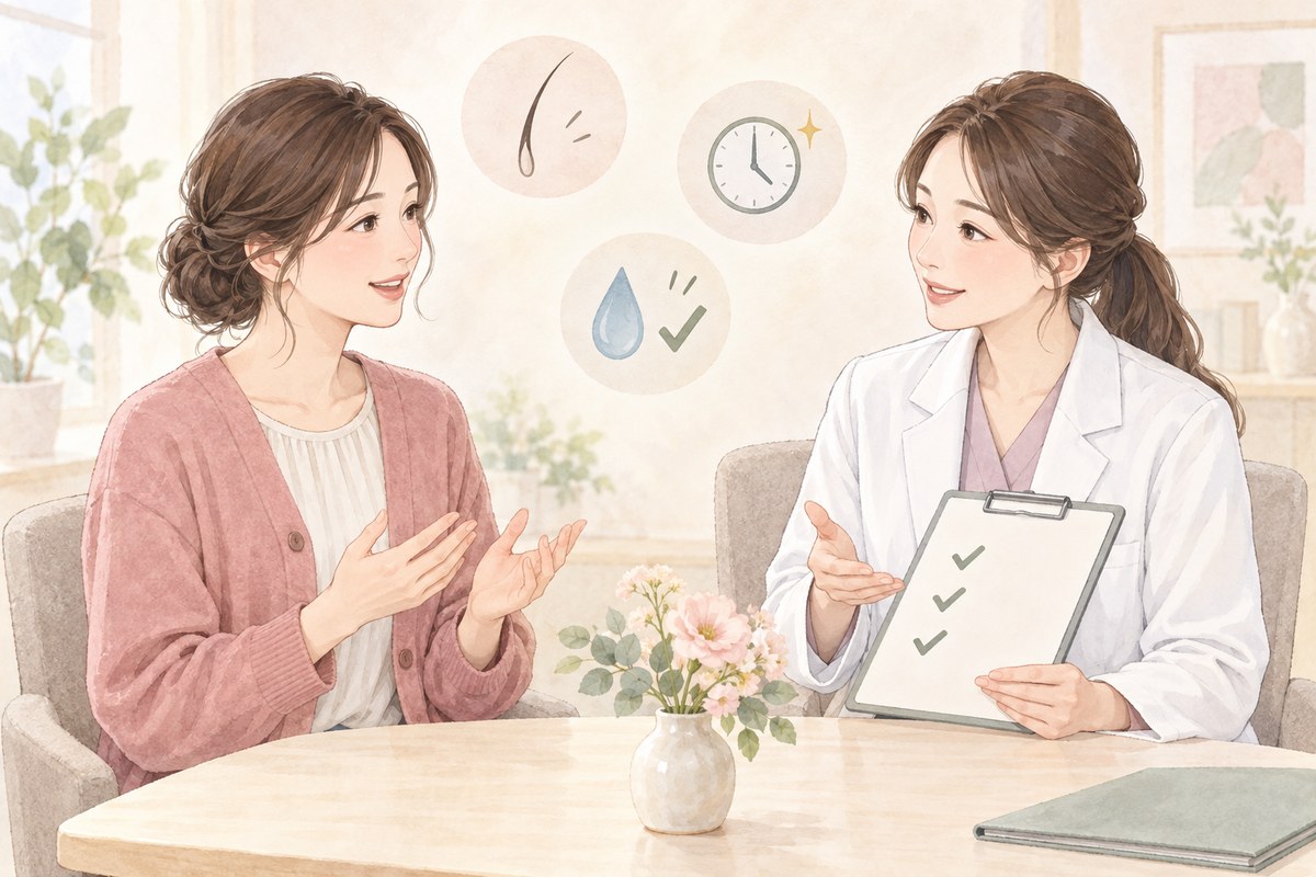 白い毛先について皮膚科や婦人科へ相談する様子を示す図