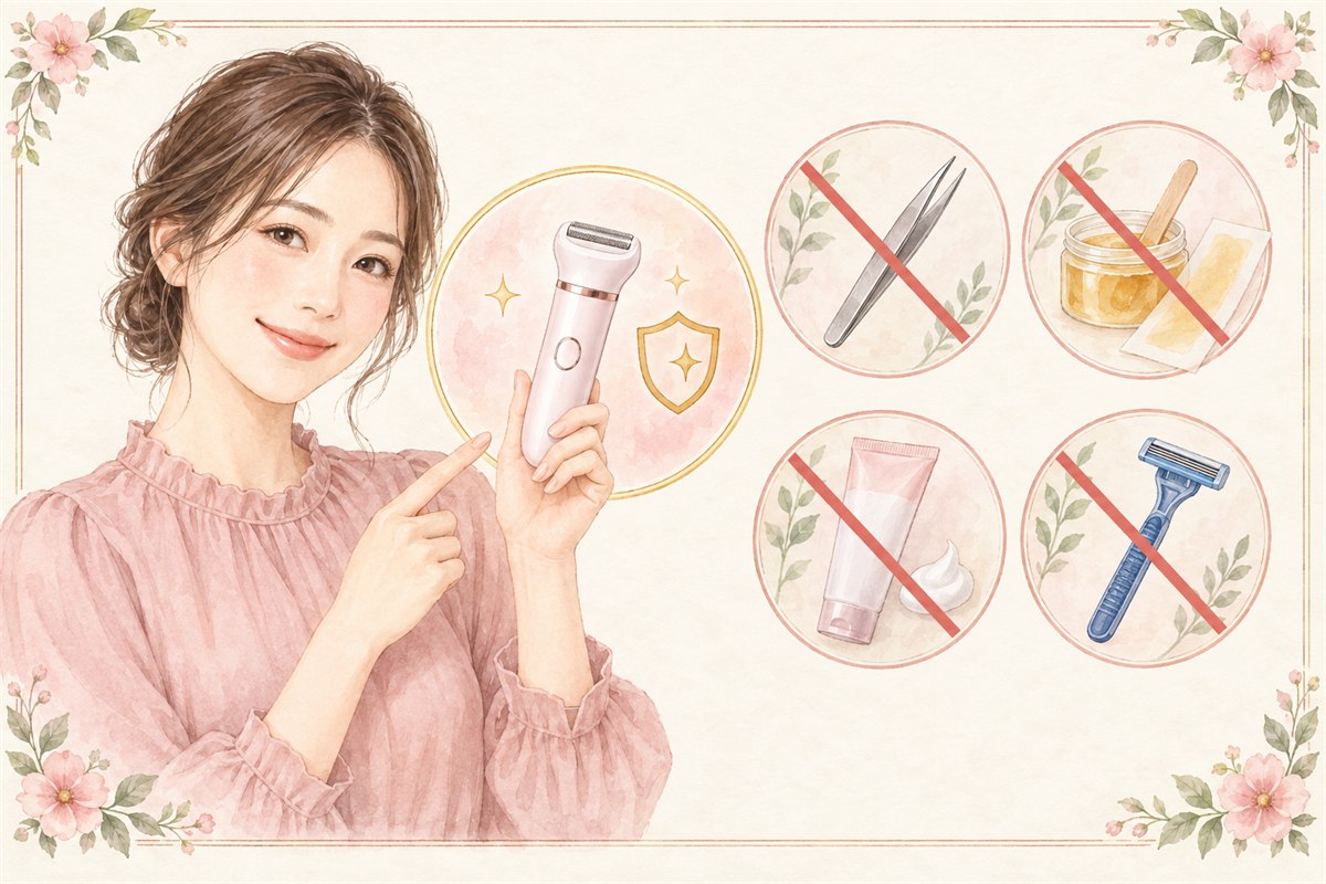 VIO脱毛の前処理で電気シェーバーを選び避けたい道具を確認する女性のイラスト