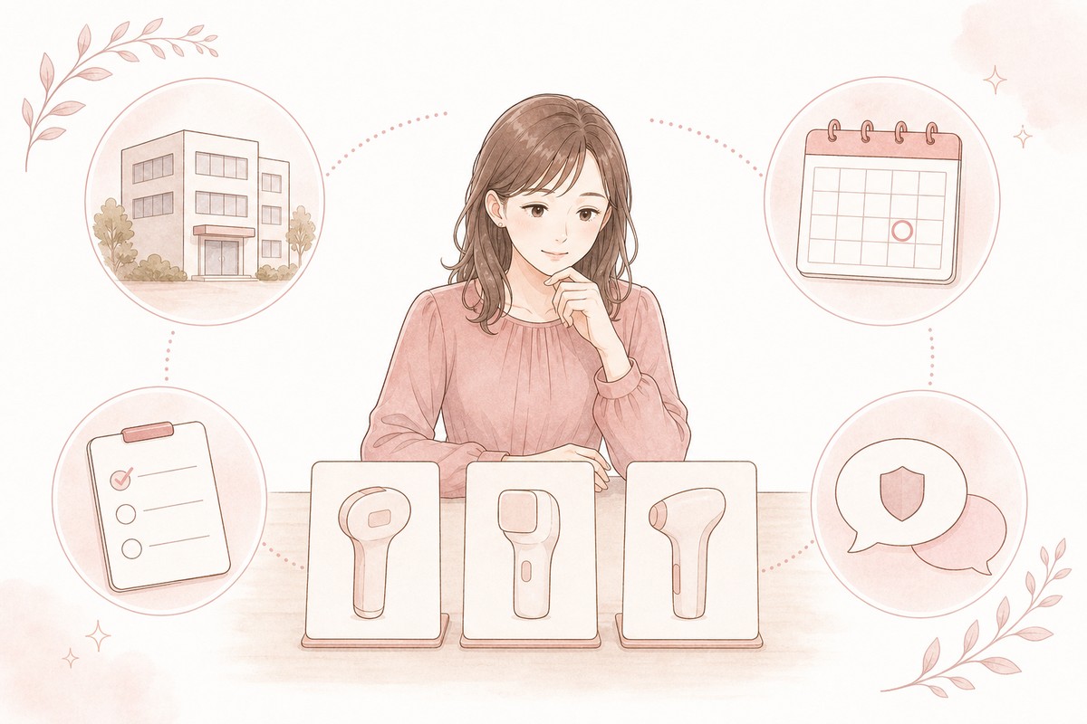 湘南美容クリニックの脱毛機と院ごとの取扱い・予約状況を確認する女性のイラスト