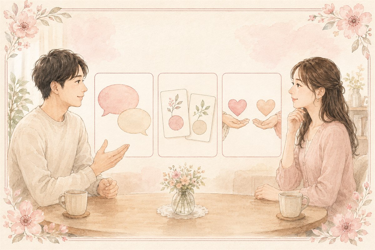 彼氏や夫とVIOの希望について3段階で話し合う男女のイラスト