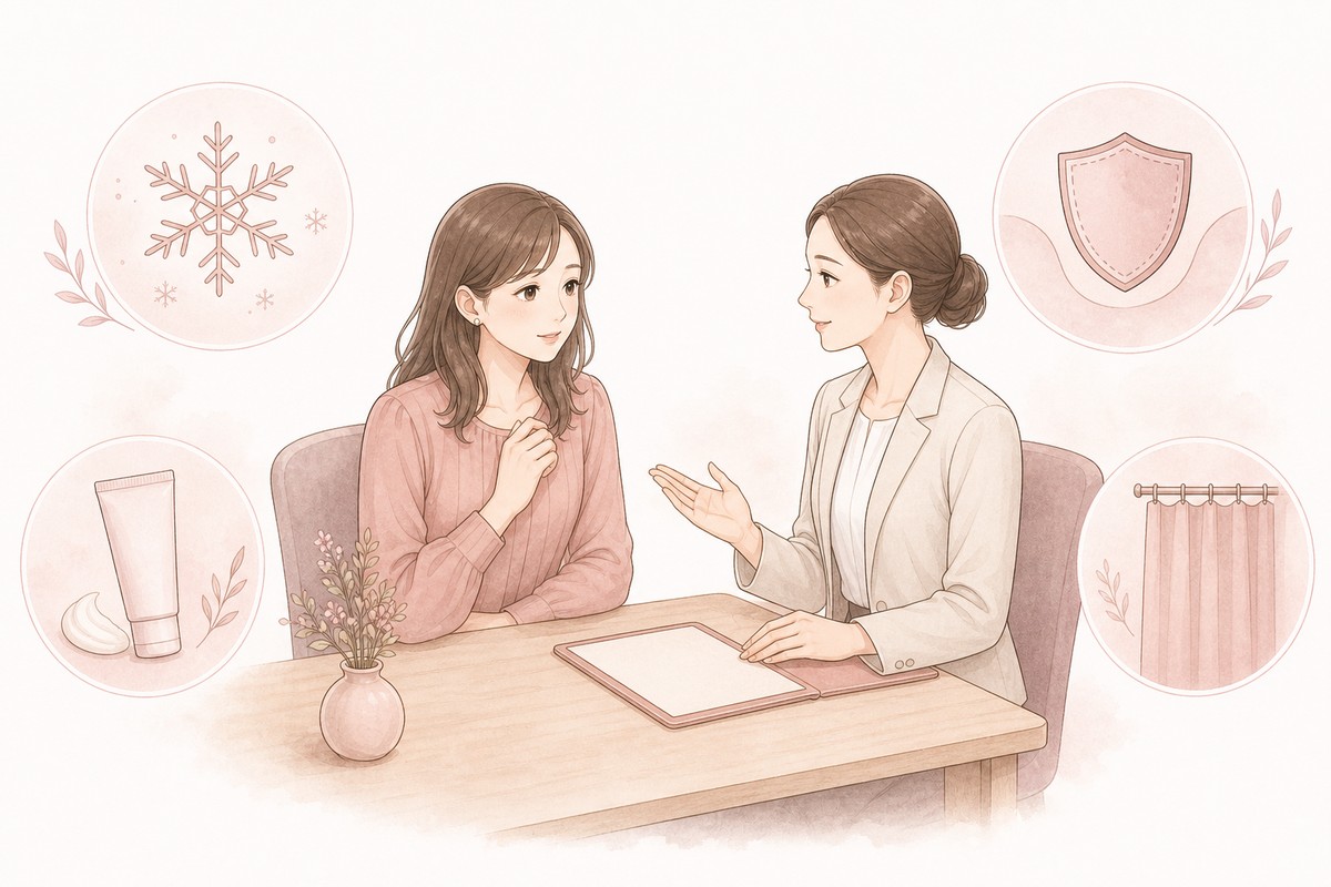 VIO脱毛の痛み・麻酔・照射範囲・プライバシーへの配慮を相談する女性のイラスト