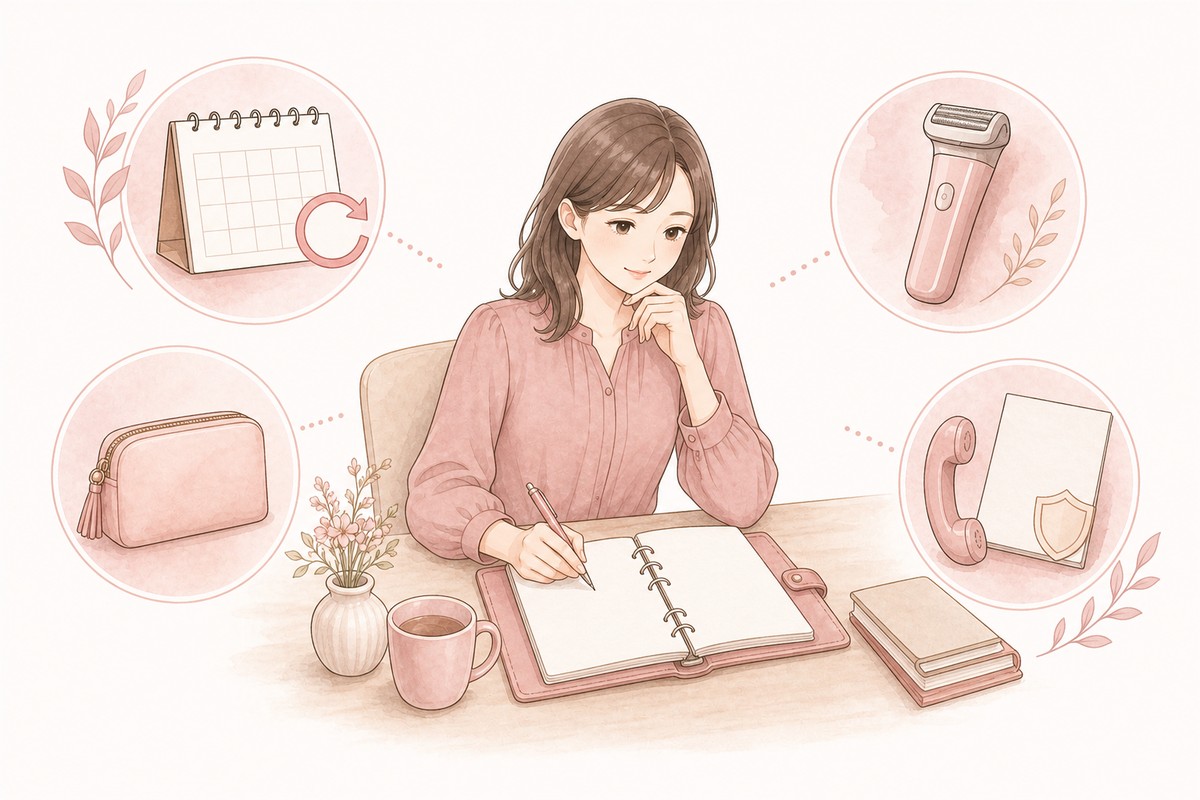 VIO脱毛の予約変更・生理・事前剃毛・保証条件を確認する女性のイラスト
