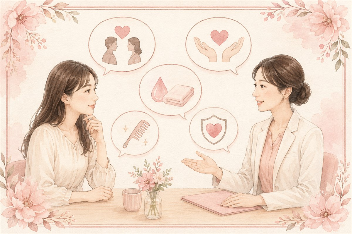 VIO脱毛していない女性と男性心理に関する疑問を相談する女性のイラスト