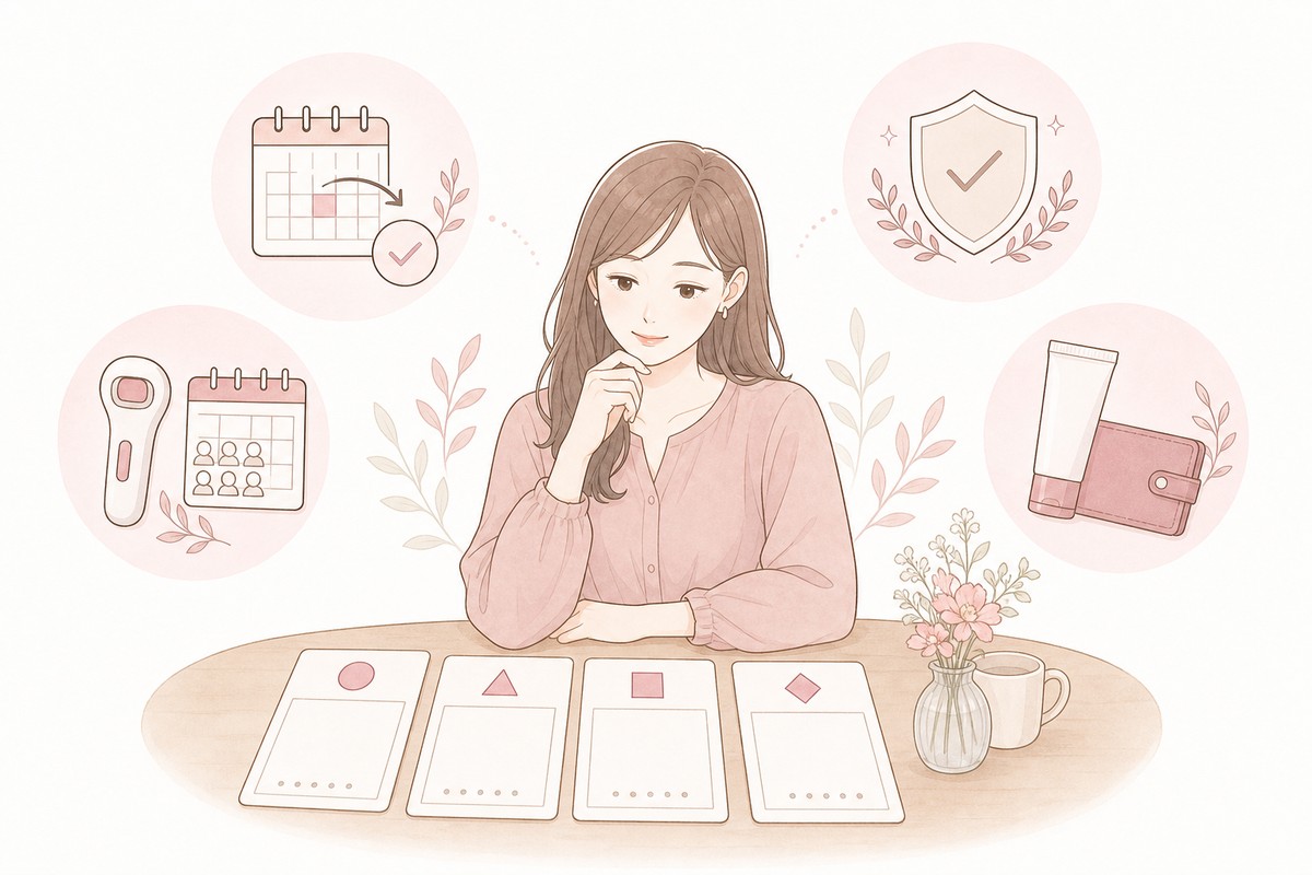 湘南美容クリニック以外も比較したい条件を整理する女性のイラスト