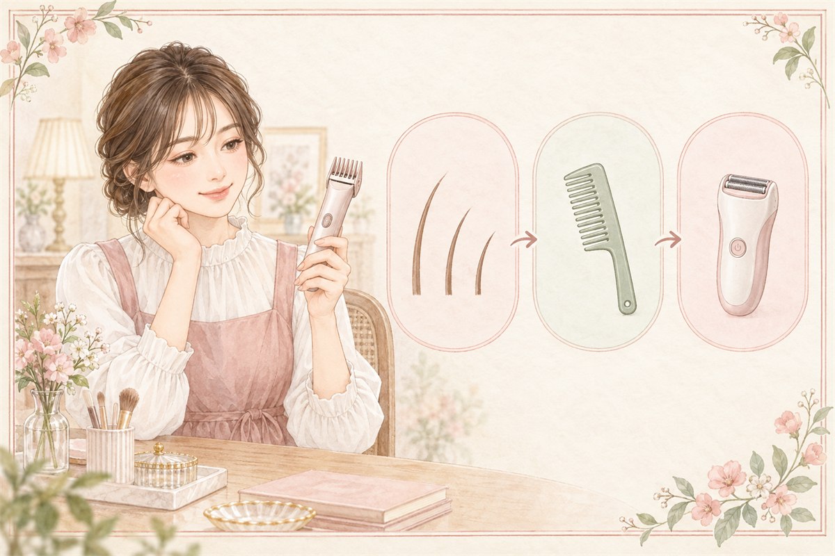 VIOを長めから整え目的に合う道具を選ぶ女性のイラスト