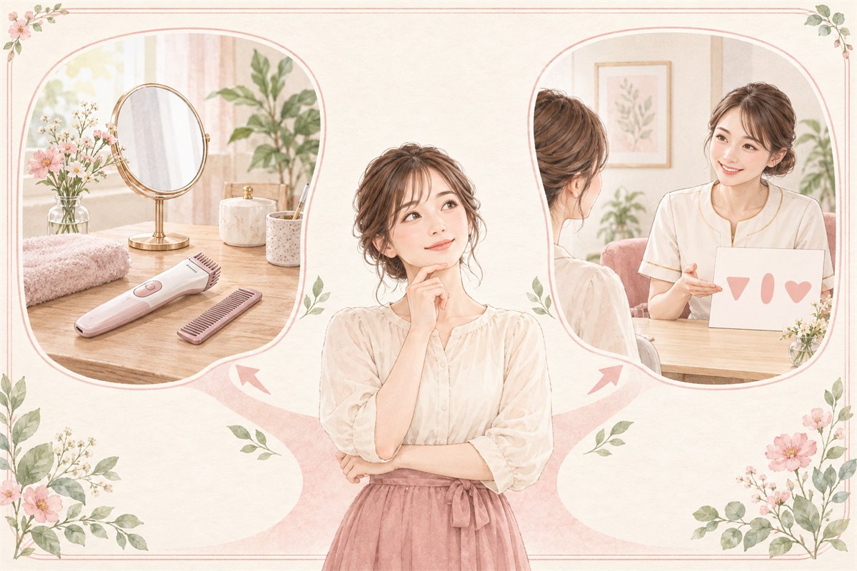 VIOの自己処理を続けるか脱毛を相談するか比較する女性のイラスト